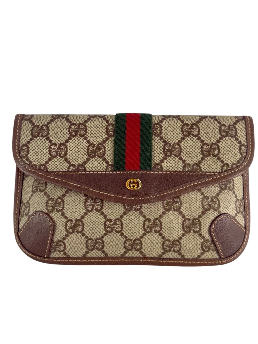 Gucci Beige GG Canvas Brown Leather Clutch with Green-Red Web